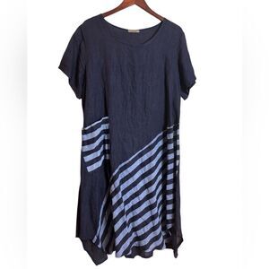 Beyond Capri Italian Linen Asymmetrical Navy Striped Lagenlook Dress One Size